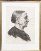 Portrait einer alten Dame im Profil, sehr ausdrucksstarke und feine Kohlezeichnung, monogr. "E