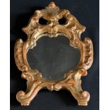 Kleiner Barockspiegel, 18. Jh., Holz, Polimentvergoldung, barocke Ornamentik, Altersspuren, H. 35,