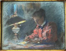 Unbekannter Künstler, Anf. 20. Jh., Frau am Tisch in rotem Kleid mit weißem Kragen und blauer