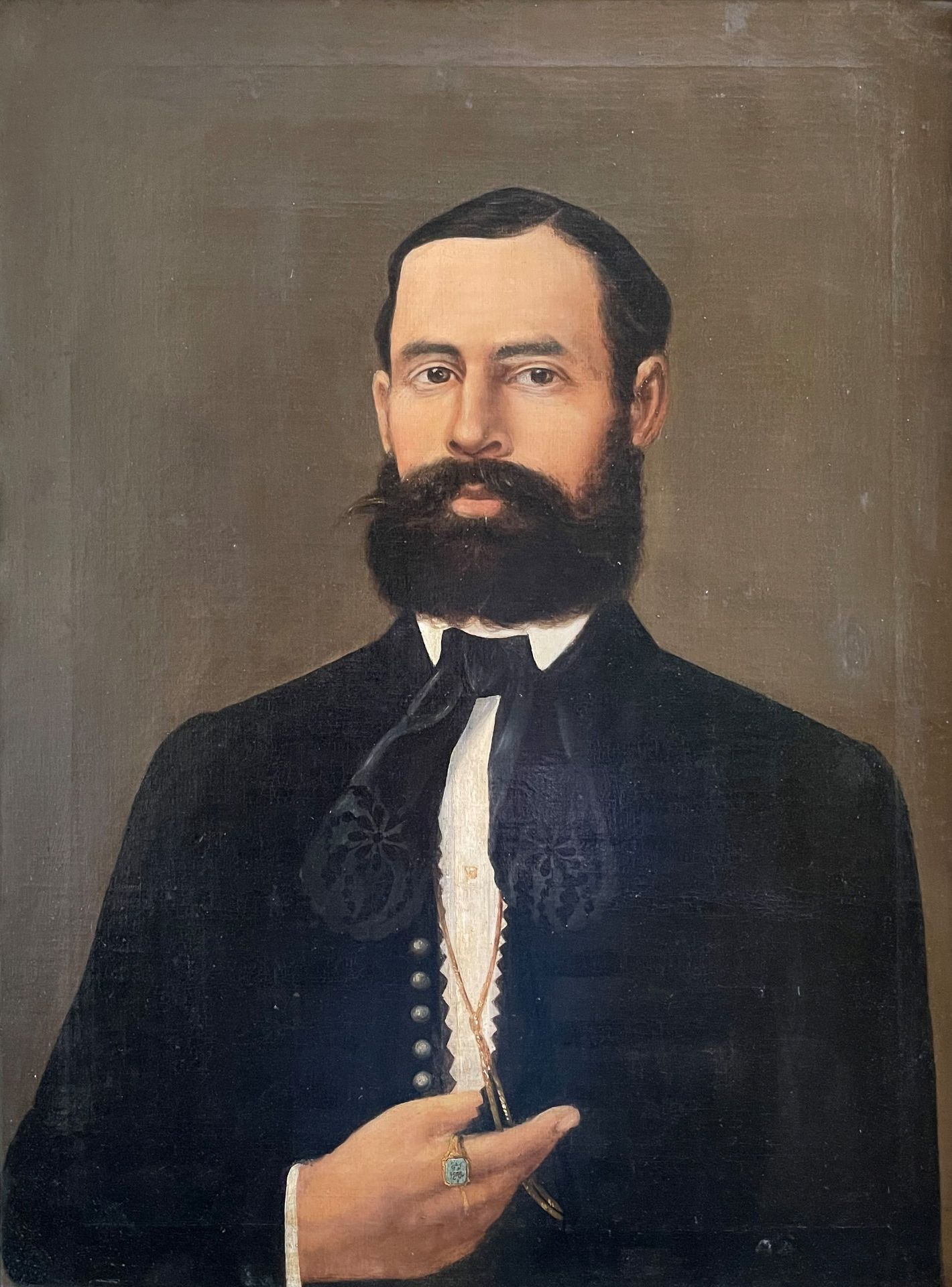 Biedermeier-Portrait, Brustbild eines Herren mit Bart und Siegelring, Öl/Lwd., rücks. monogr. W. - Bild 4 aus 5