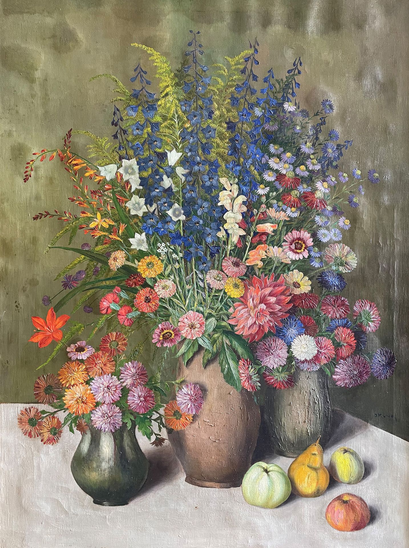 Kiyonobu Okuno (japanischer Künstler), Sommerstrauss. Stillleben mit drei Vasen in denen bunte