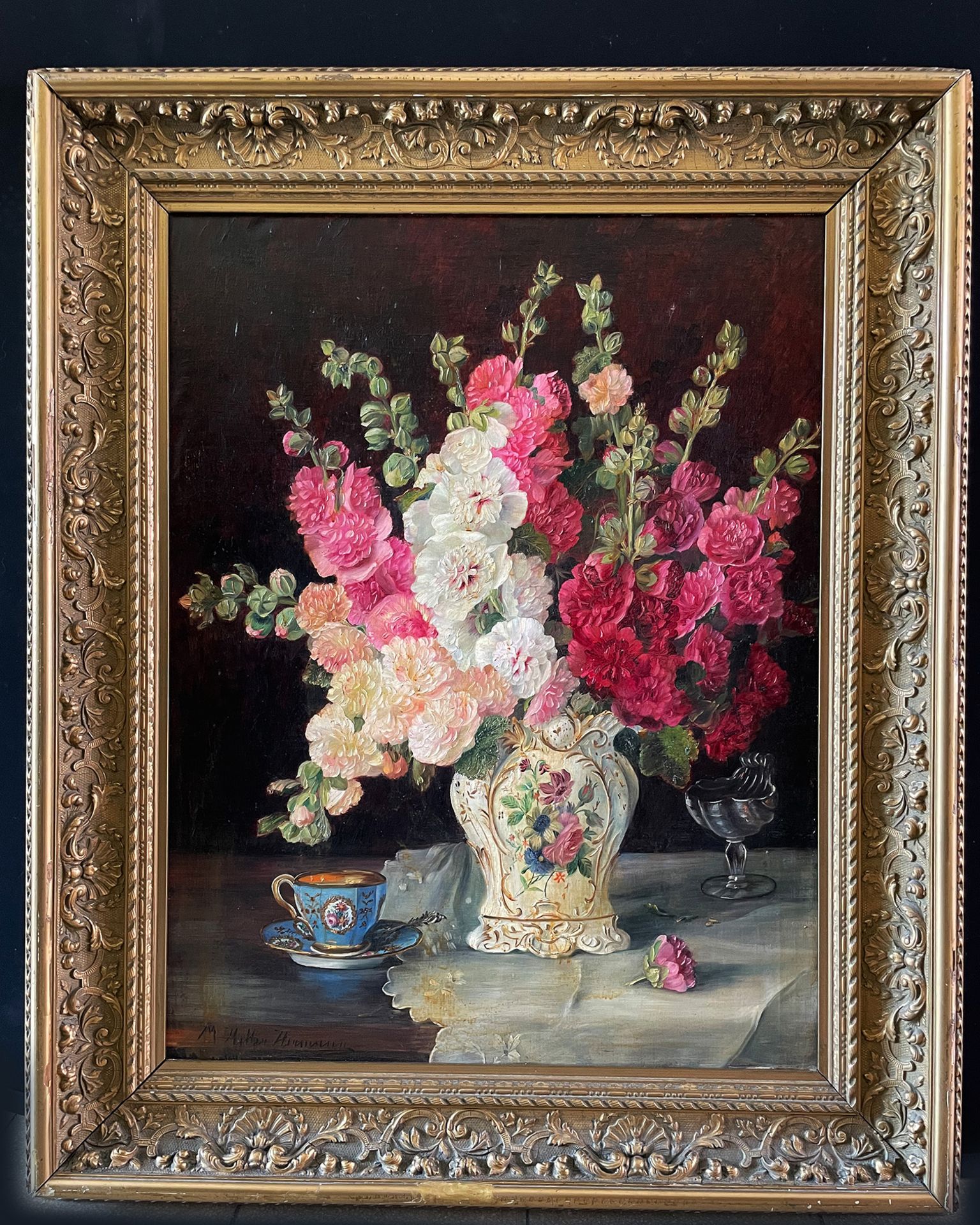 Unbekannter Künstler, Blumenstilleben mit Gladiolen, in Biedermeiervase, daneben Sammlertasse in - Bild 5 aus 5