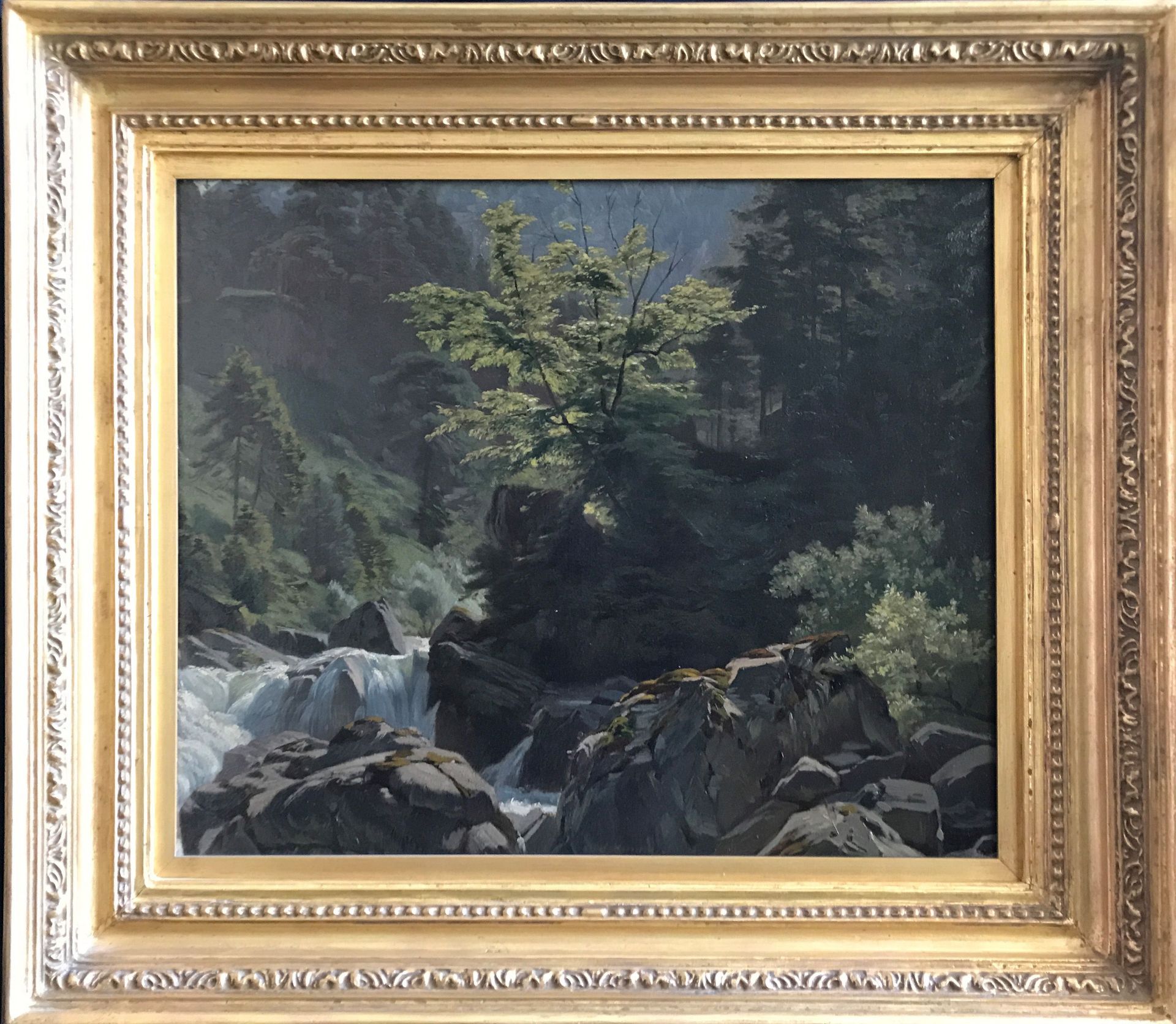 Franz Leinecker (1825-1917), Landschaft mit Wasserfall in bewaldeter, felsiger Gegend, mittig - Image 6 of 6