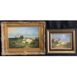 K. Forster, 2 Bilder: Schafe mit Lämmern auf der Weide, links davon Hühner, 30 x 40 cm; Schafe mit