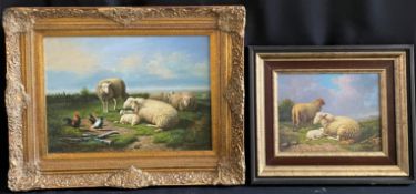 K. Forster, 2 Bilder: Schafe mit Lämmern auf der Weide, links davon Hühner, 30 x 40 cm; Schafe mit