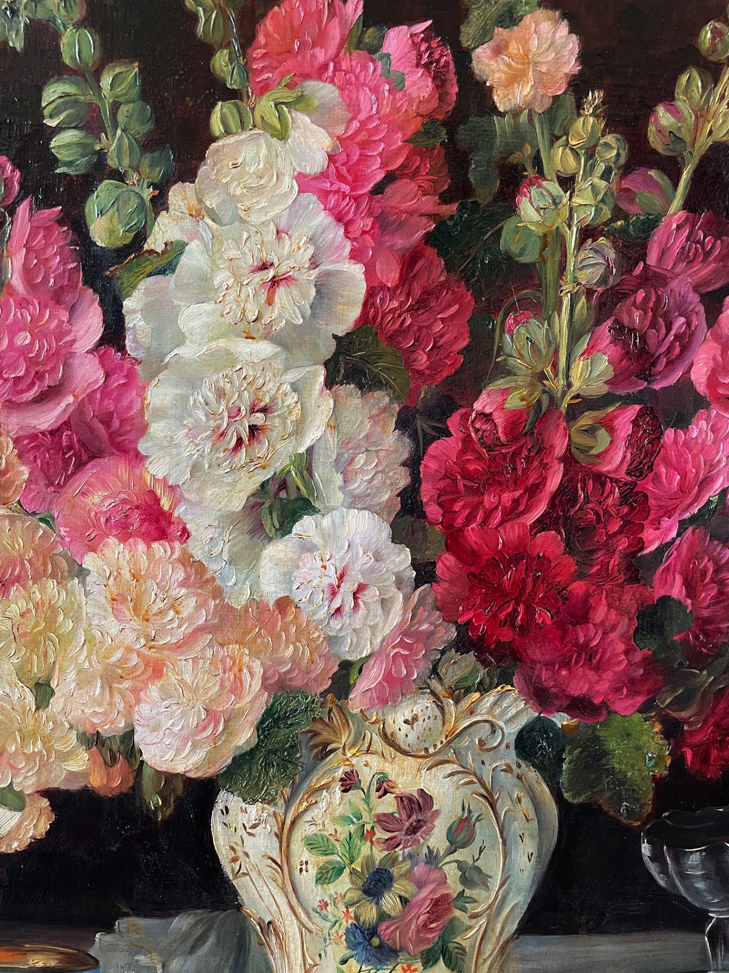 Unbekannter Künstler, Blumenstilleben mit Gladiolen, in Biedermeiervase, daneben Sammlertasse in - Image 3 of 5