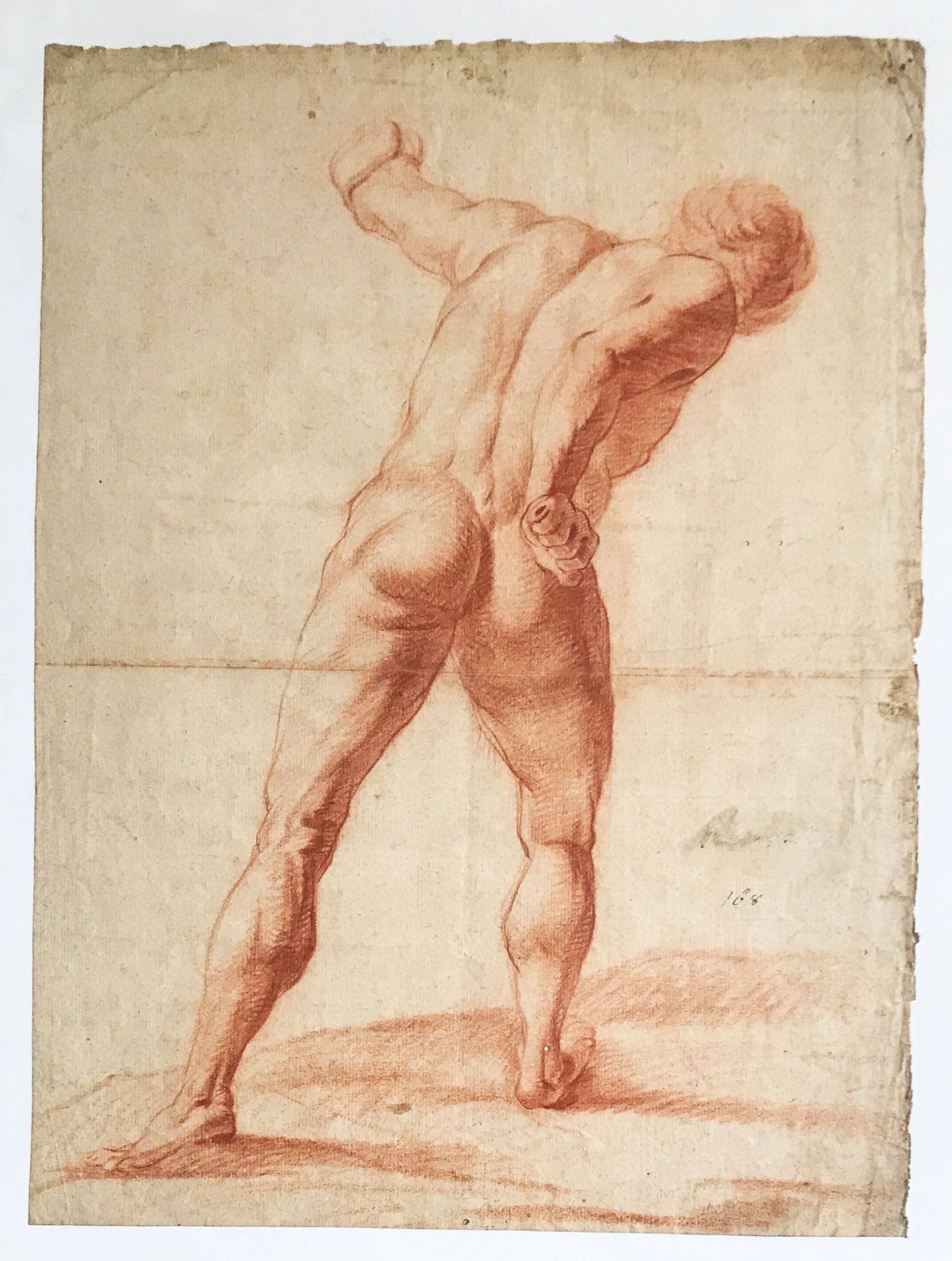 Zwei Aktzeichnungen in Rötel, 18. Jh.: Rückenansicht eines muskulösen Mannes in ausdrucksstarker - Bild 2 aus 3