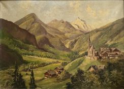 Josef KUGLER (1913-2011), Lanschaft mit Dorf und Bergen sowie spitz aufragendem Kirchturm, signiert,