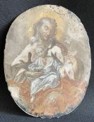 Hinterglasbild, Augsburg ?, 18. Jh., Gottvater mit dem Jesuskind im Arm sowie einer Lilie, ovales