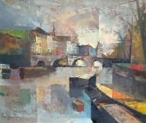 Unbekannter Künstler, wohl Olivier FOSS (1920-2002), Abstrakte Hauserreihe am Ufer mit Brücke, 45