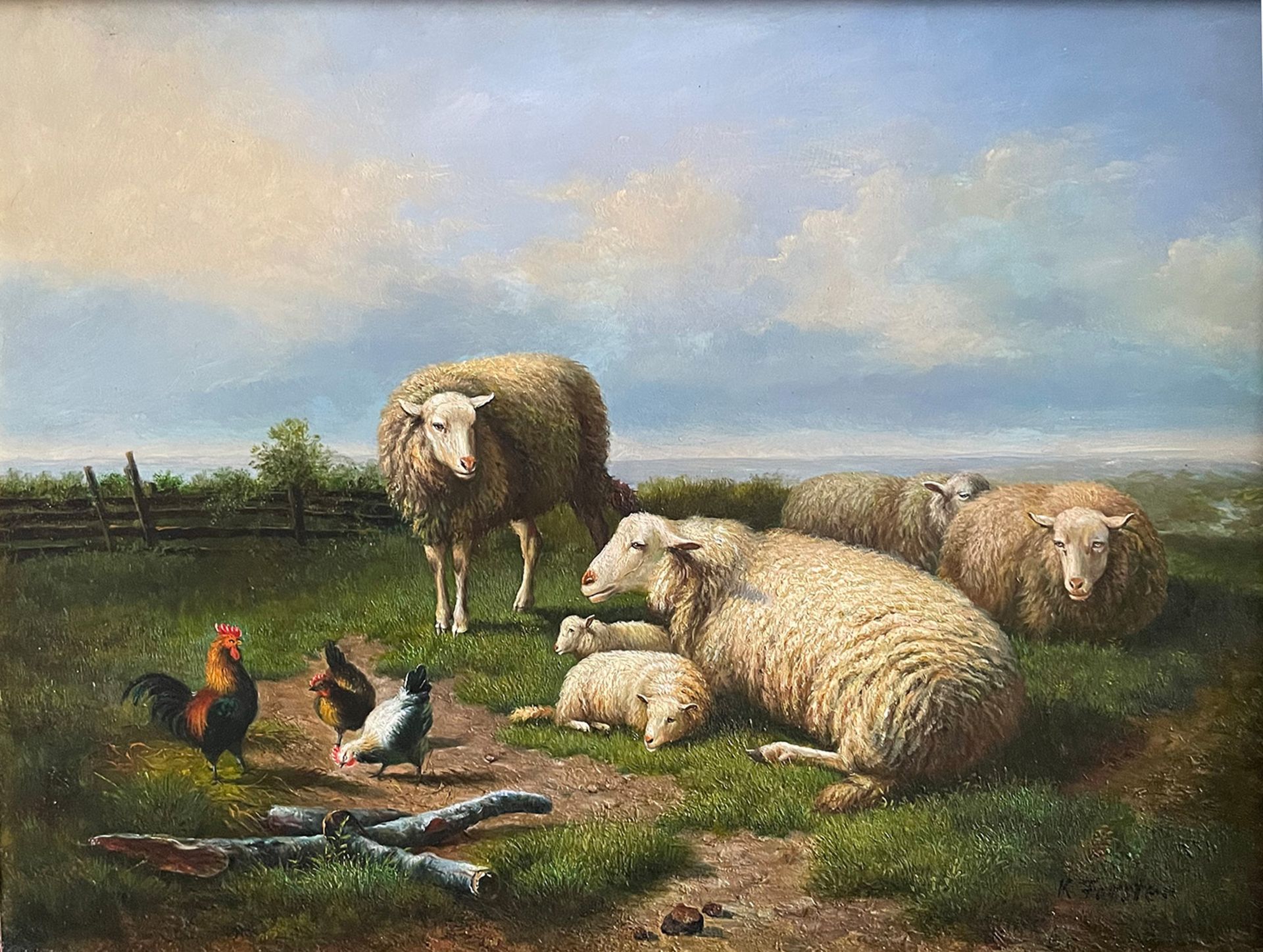 K. Forster, 2 Bilder: Schafe mit Lämmern auf der Weide, links davon Hühner, 30 x 40 cm; Schafe mit - Bild 5 aus 8