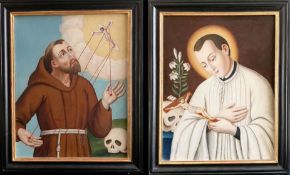 Paar Gemälde Heilige, Mitte 19. Jh.: Hl. Aloisius mit Lilie, Kruzifix und Totenkopf, Öl/Lwd. (