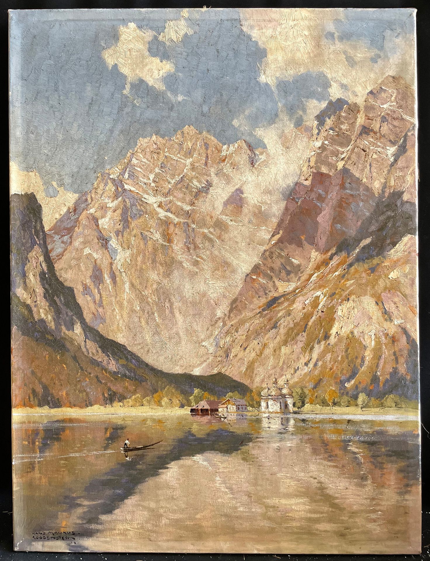 Hanns MAURUS (1901-1942), Landschaft. Blick auf den Königssee mit kleinem Boot, am hinteren Ufer die
