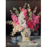 Unbekannter Künstler, Blumenstilleben mit Gladiolen, in Biedermeiervase, daneben Sammlertasse in