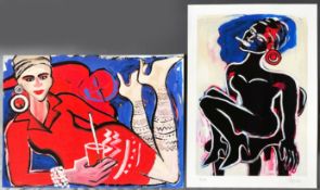 Elvira Bach (*1951), zwei Farblithographien: Liegende Dame in Rot, sign. und num 4/50, 45 x 61 cm;