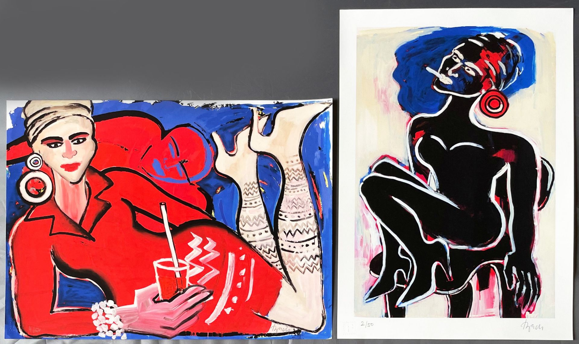 Elvira Bach (*1951), zwei Farblithographien: Liegende Dame in Rot, sign. und num 4/50, 45 x 61 cm;