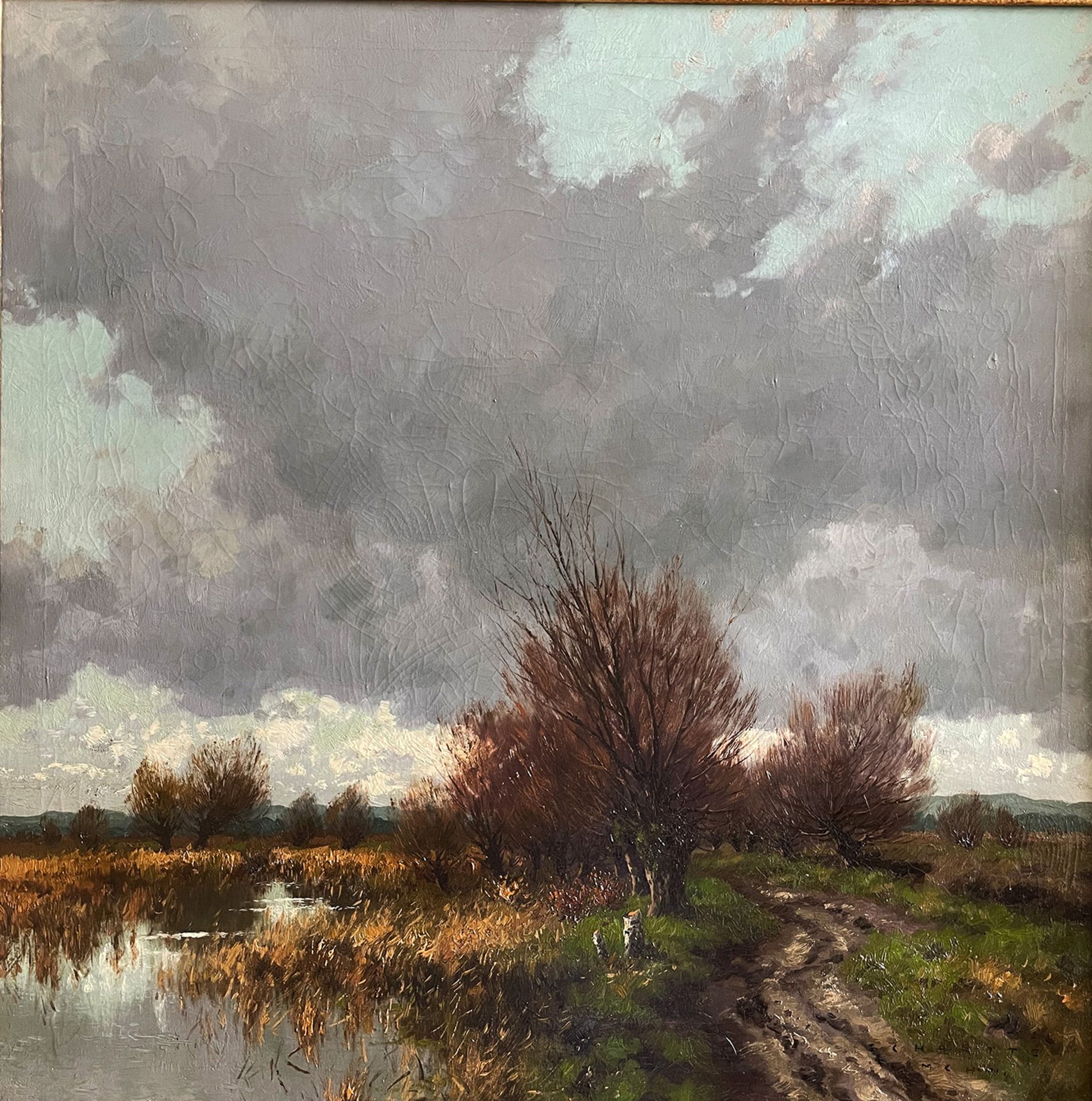 Karl SCHAETTE (1884-1951), Dachauer Landschaft mit Moos, Bach und Bäumen unter stürmischem