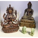 Asia-Konvolut: 1 x Buddhafigur mit feinen Glassteinen verziert, Altersspuern, H. 22 cm. 1 x