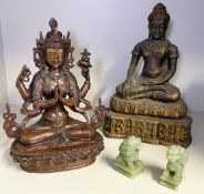 Asia-Konvolut: 1 x Buddhafigur mit feinen Glassteinen verziert, Altersspuern, H. 22 cm. 1 x