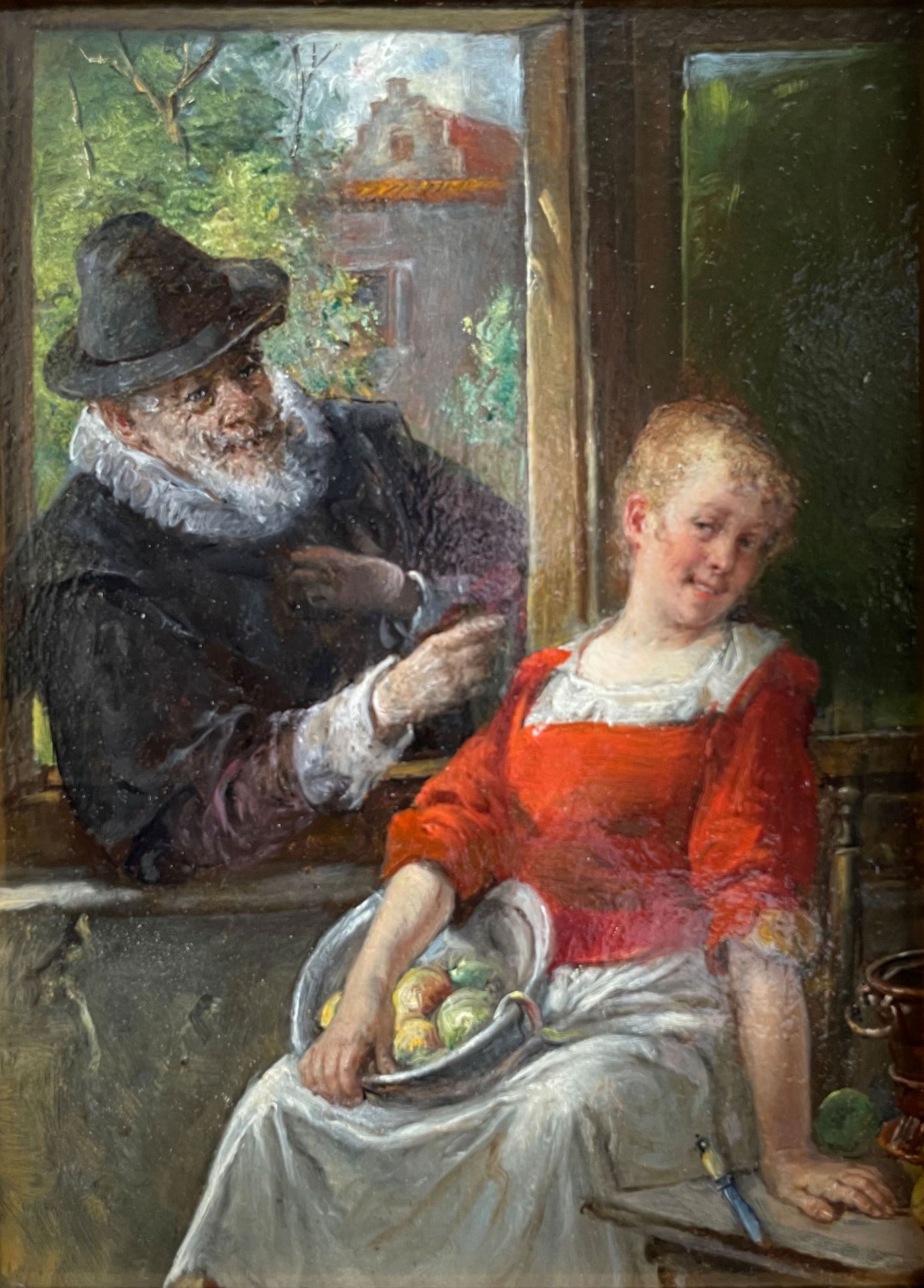 Adolf Humborg (1847-1913), bäuerliches Interieur: Äpfel schälende Magd an einem Fenster sitzend,