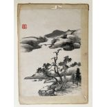 China, Mitte 19. Jh., Landschaft mit knorrigen Bäumen und einem Tal mit sanften Hügeln sowie einer