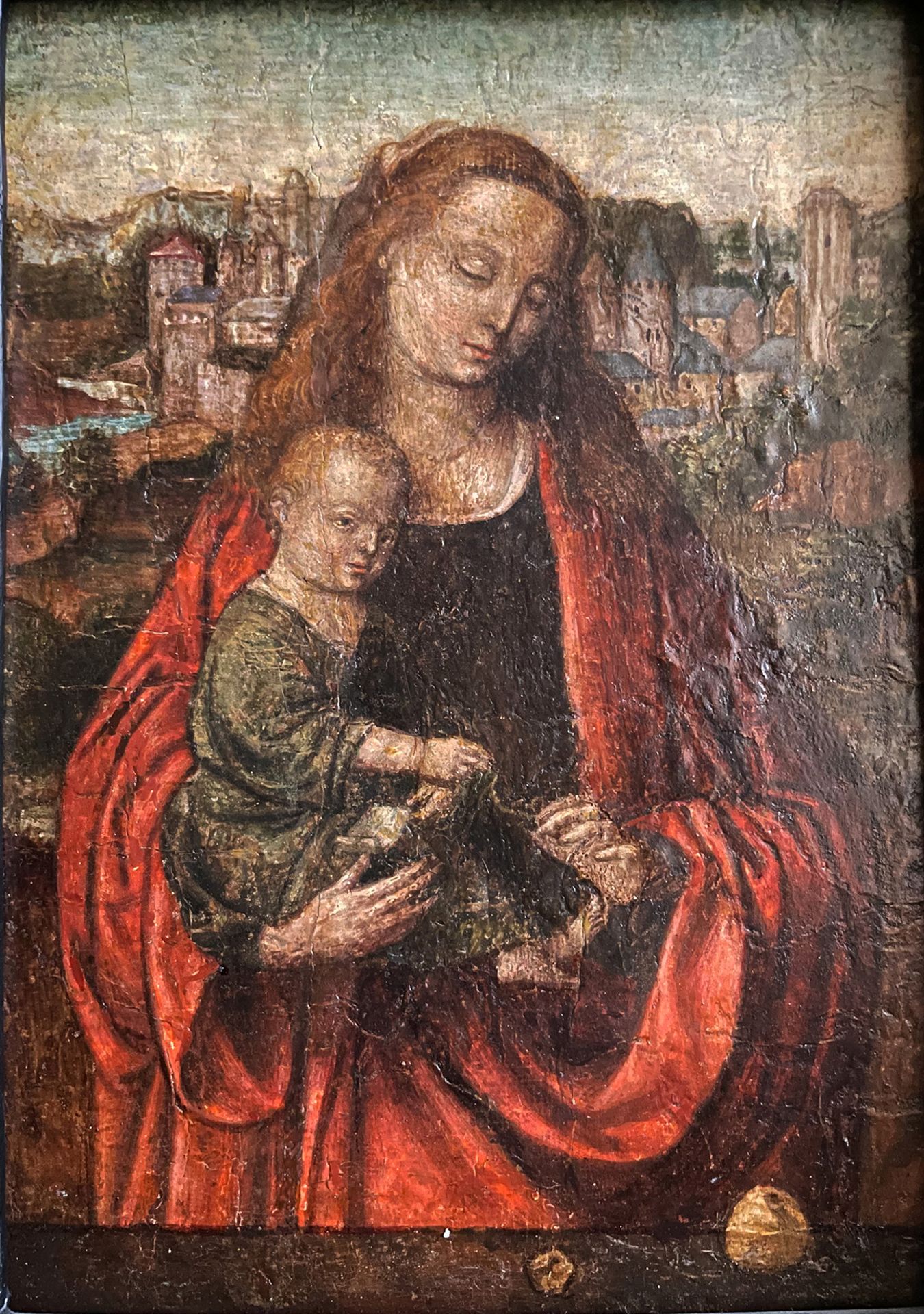 Unbekannter Künstler, süddeutsch 17. Jh. ?, Madonna: Maria umfängt mit ihren Armen und dem roten