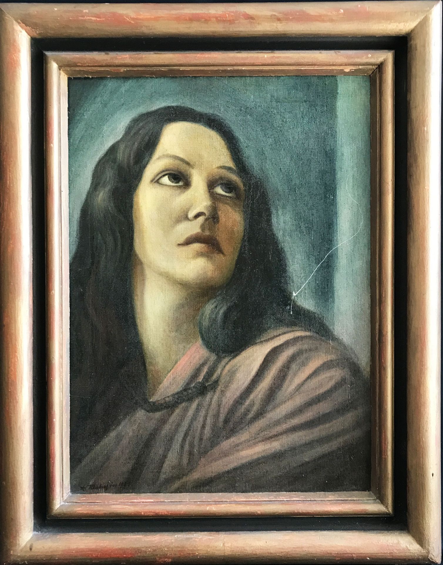 Alfons Klühspies (1899-1975), Frauenportrait: eine Dame, vielleicht Maria, mit dunklen Haaren blickt