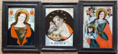 Drei Hinterglasbilder mit religiösen Motiven, Altersspuren, eines mit Sprung, 32 x 24,5 cm und