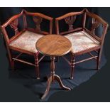 2 Jugendstil-Stühle, Eckstühle, Holz, je Gesamthöhe 66 cm, Sitzhöhe 40 cm, Sitzfläche 38 x 38 cm (