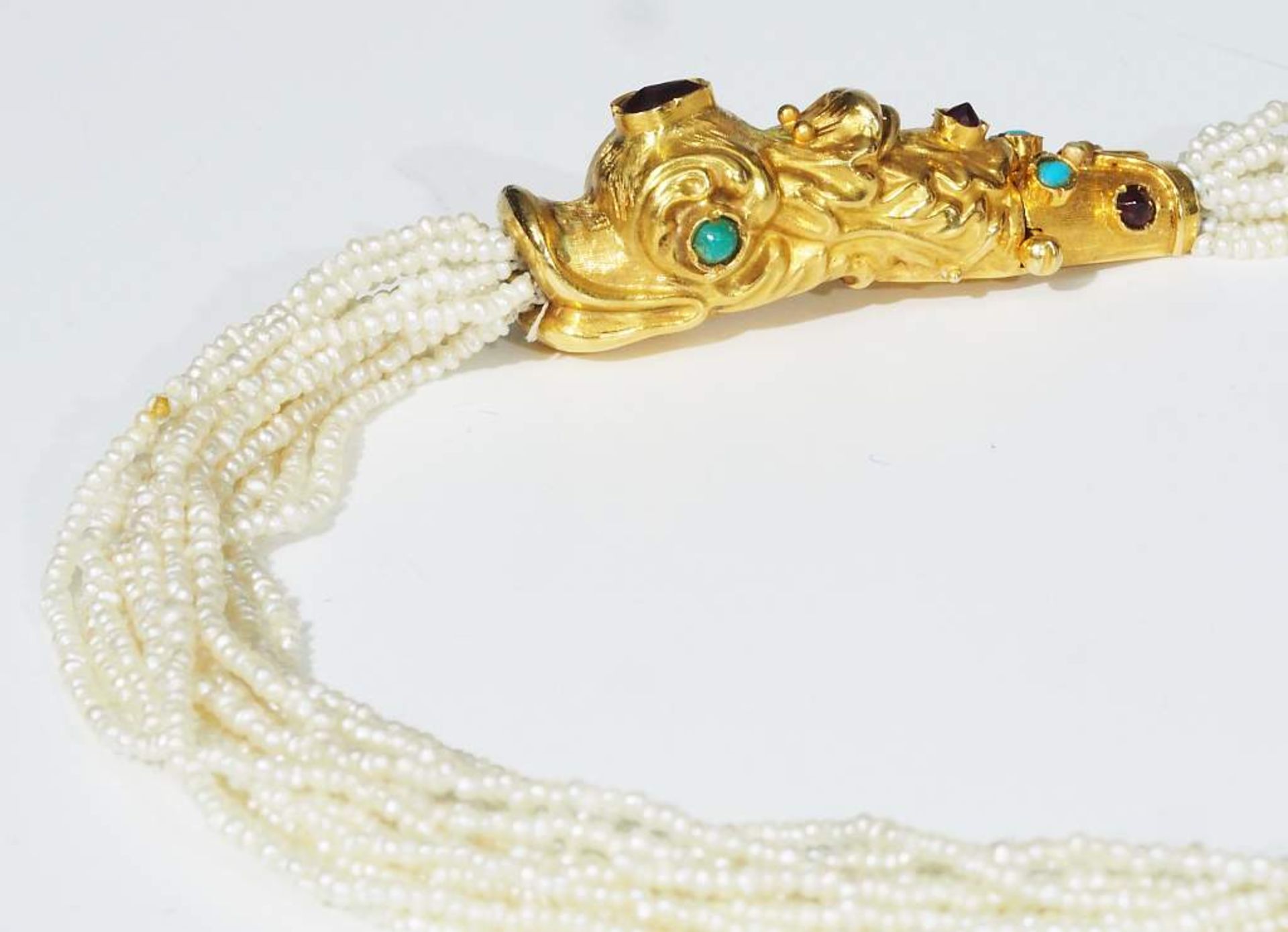 Collier mit echten Saatperlen mit Schmuckverschluß "Delphinkopf". 900er Gold geprüft. - Bild 5 aus 7