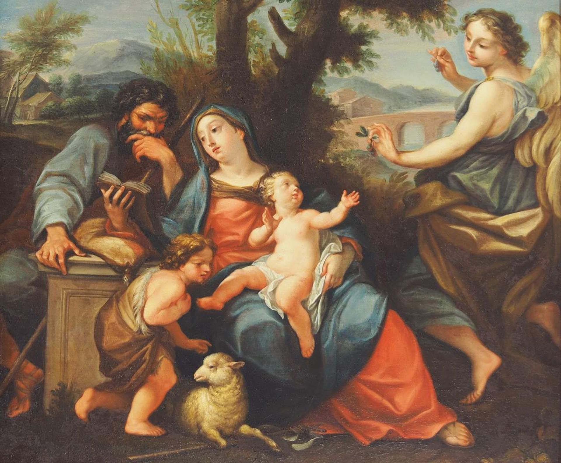 Heilige Familie mit Engel und Johannesknaben vor Olivenbaum, darüber zwei Engel schwebend. - Bild 4 aus 5