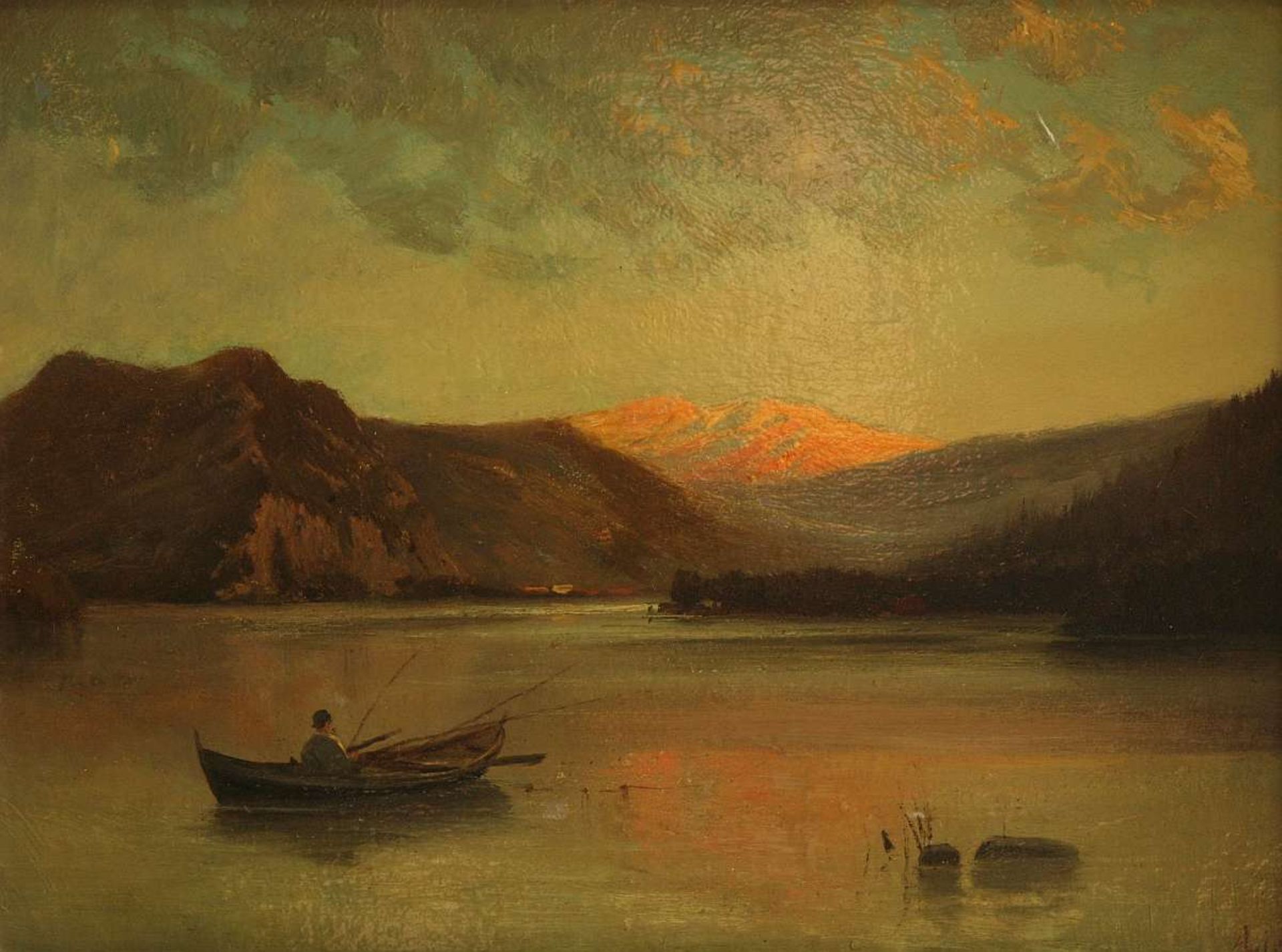 Angler im Boot in abendlicher Gebirgslandschaft mit Sonnenuntergang - Bild 2 aus 6