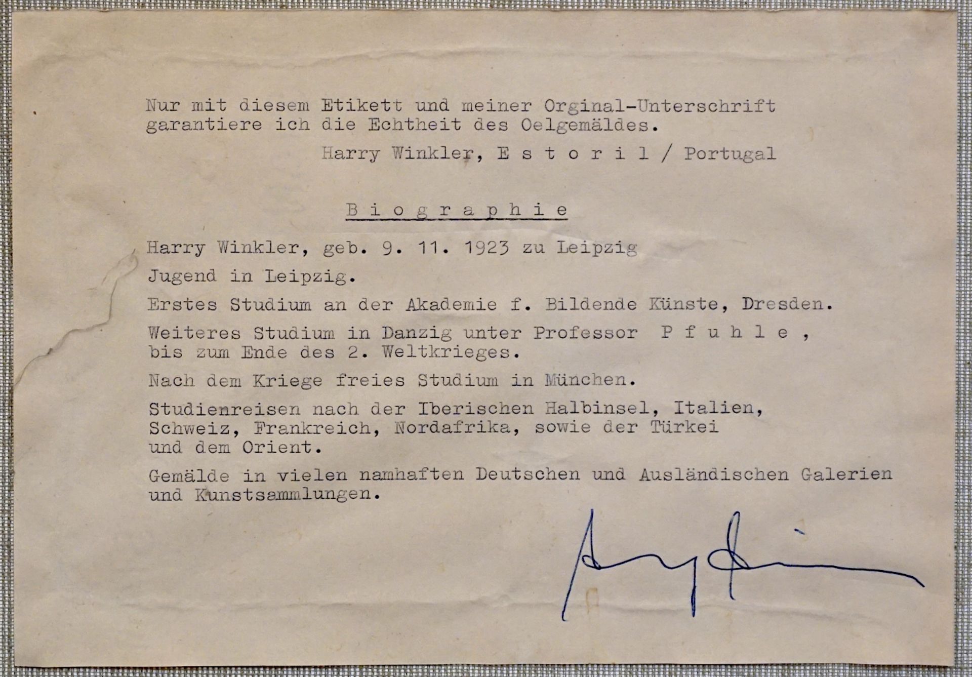 1 Ölgemälde l.u. sign. Harry WINKLER (wohl *1923) - Bild 5 aus 5