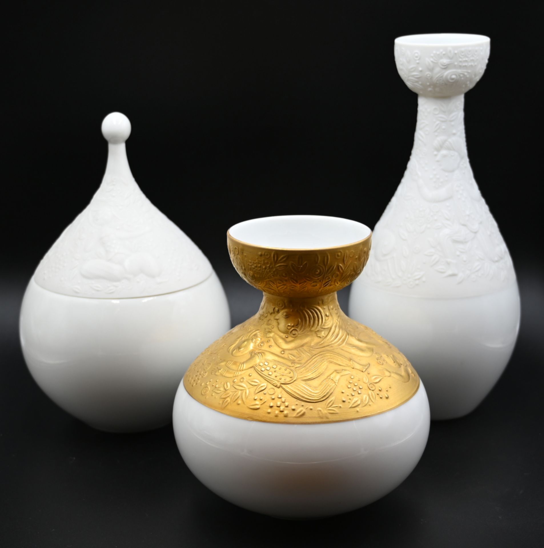 2 Vasen, 1 Deckeldose Porzellan ROSENTHAL "Zauberflöte" Design Björn WIINBLAD, weiß,