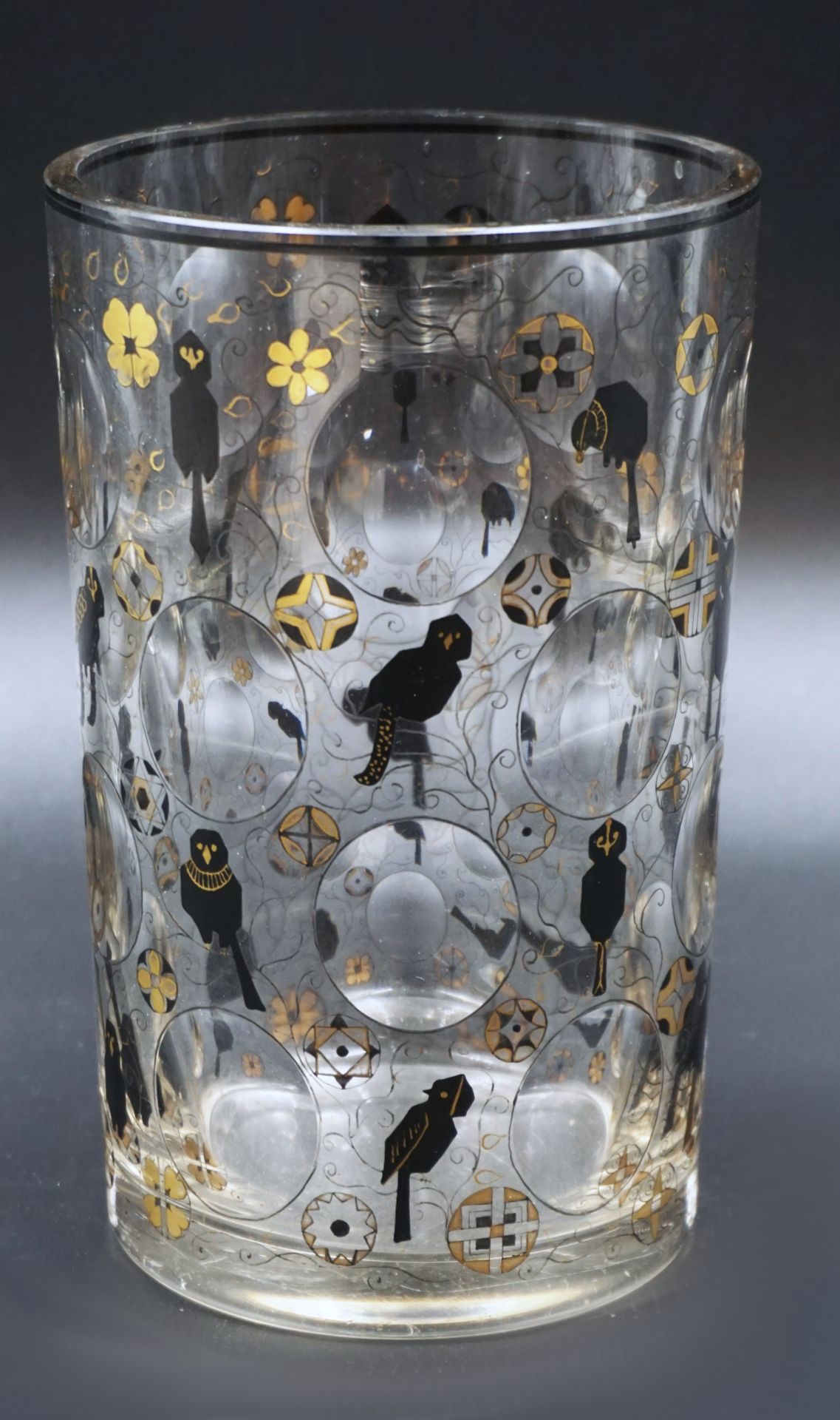 1 Kristallvase mit Kugelschliff und Gold-Bronzit-Dekor wohl Design: Glasfachschule Haida, Nord-Böhme