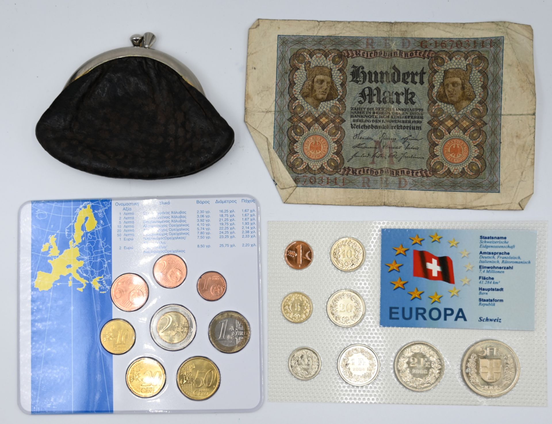1 Konv. Münzen/ Münzsets Europa/ Euros z.T. polierte Platte sowie Reichsbanknoten je Asp./ Gsp. in d