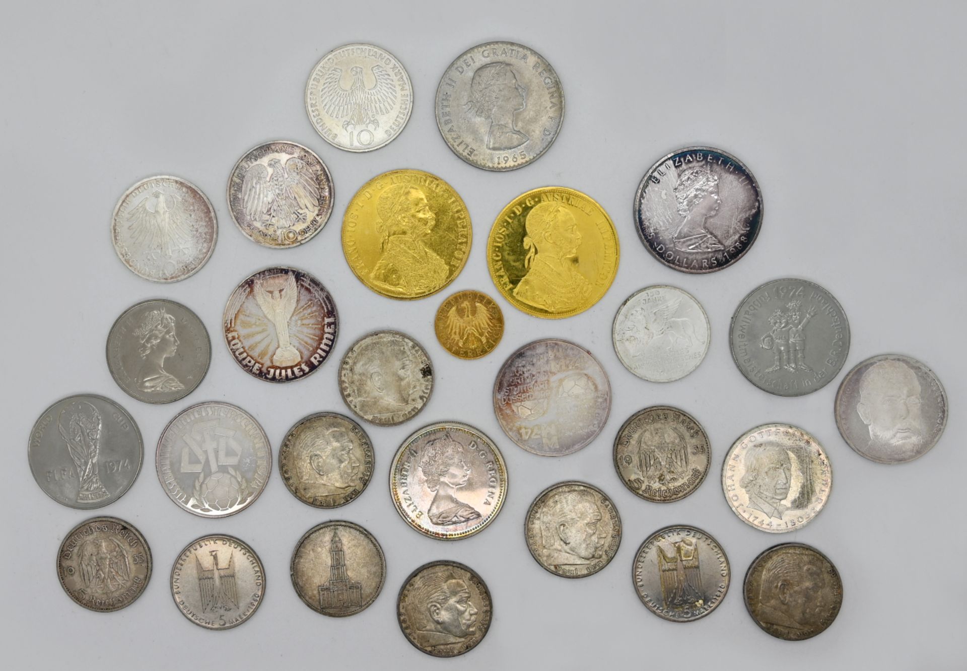 1 Konv. Münzen/ Medaillen GG Silber u.a. Österreich "4 Dukaten" u.a. Dt. Reich 5DM, BRD 5/10 Mark