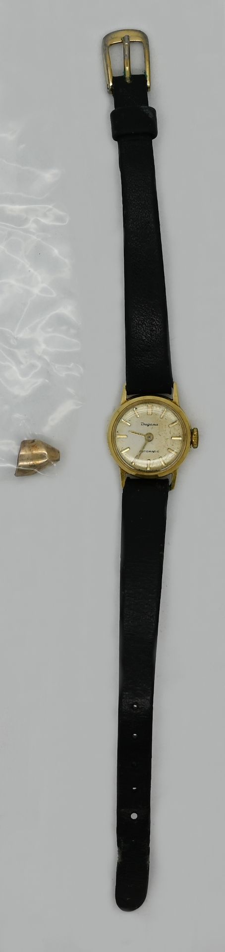 1 Damenarmbanduhr DUGENA Gehäuse GG 18ct. Automatik, Lederband sowie 1 Stück Zahngold, je Asp./Gsp. - Bild 2 aus 2