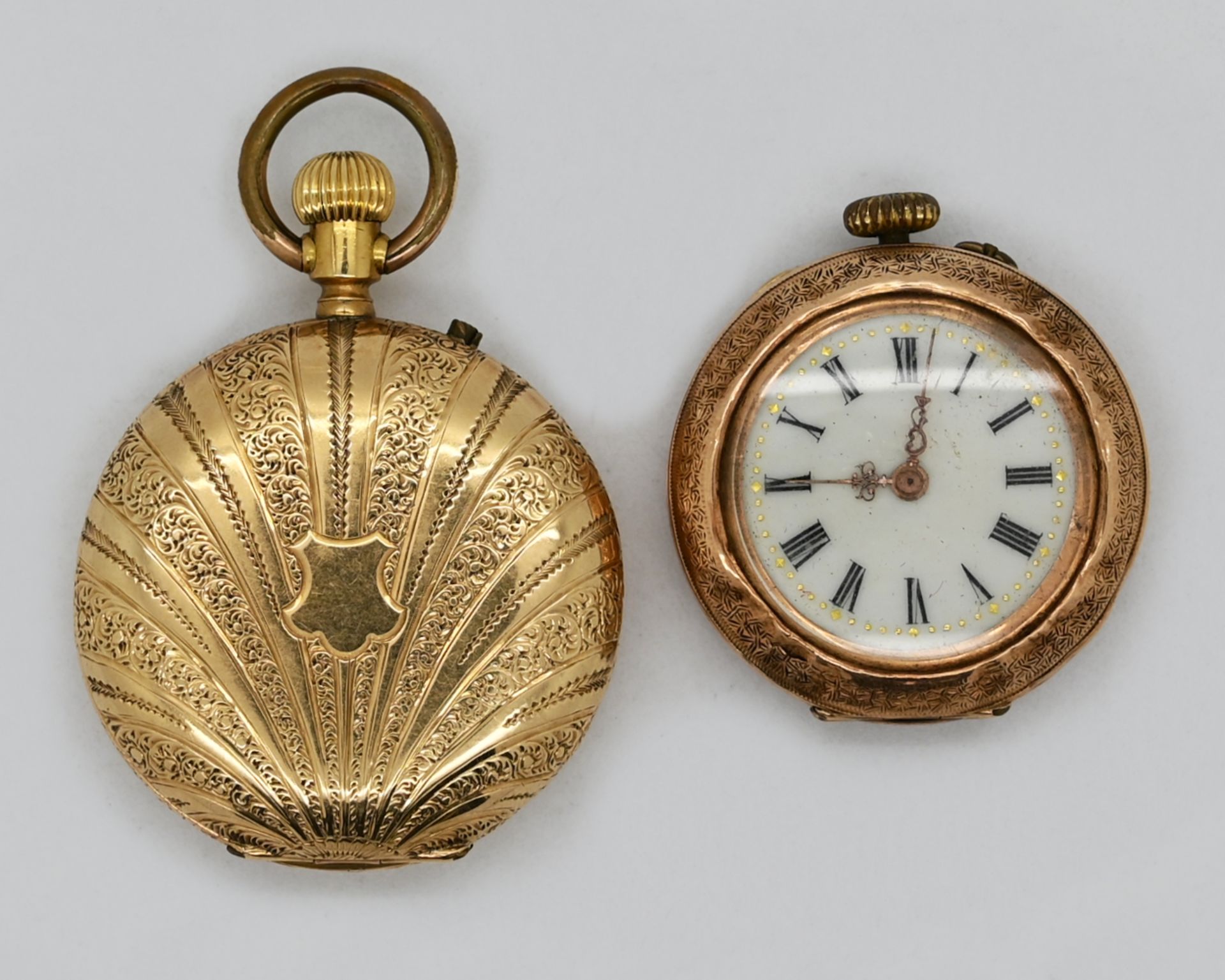 2 Damentaschenuhren je GG 14ct. u.a. / um 1900, je besch./ Asp./ Gsp. - Bild 2 aus 2