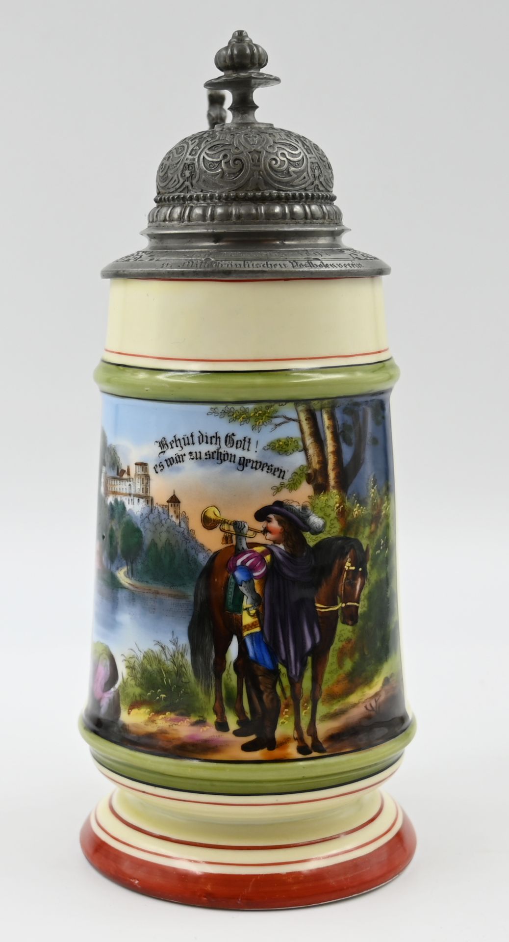 1 Bierkrug auf Zinndeckel bez. "Joch. WENDLER v. Mittelfränkischer Postbotenverein 1897" 1 Liter, ca