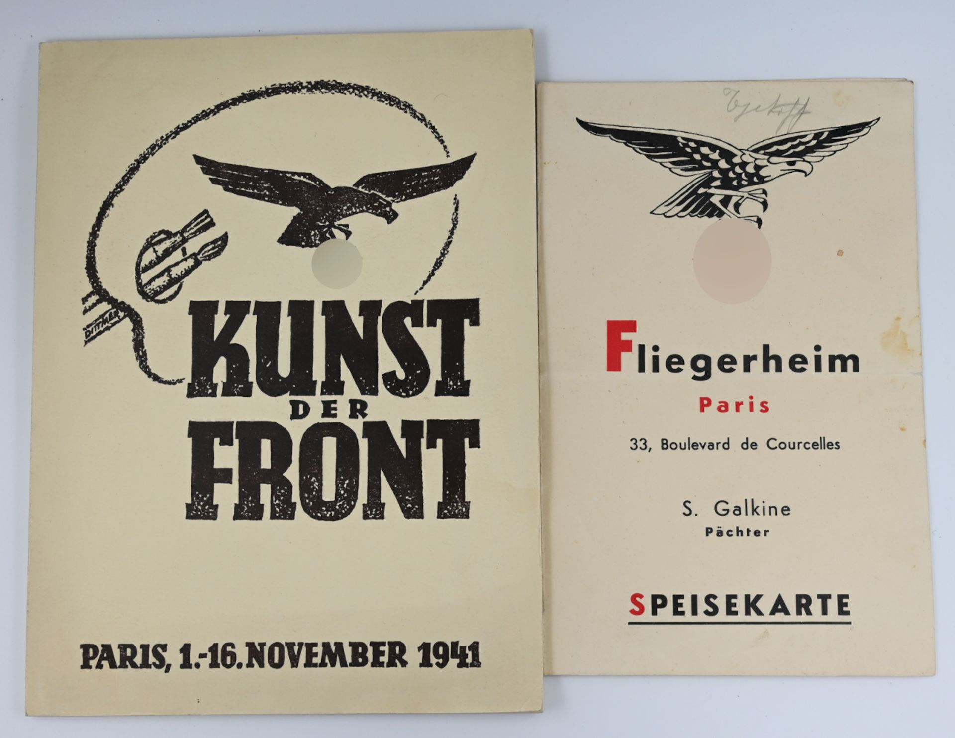 1 Konv. Militaria 3. Reich: Speisekarte Fliegerheim Paris, 1 Katalog "Kunst der Front" Paris 1941