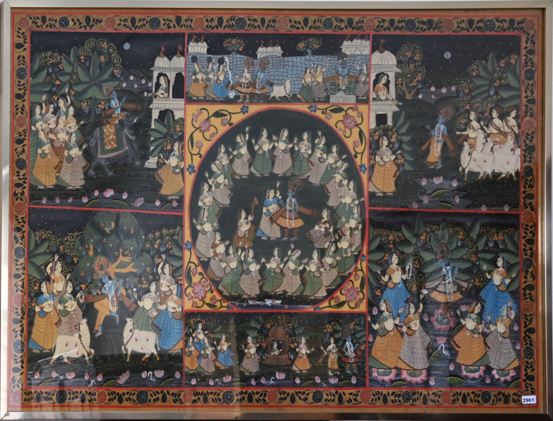 1 Stoffbild/Seidenmalerei wohl Indien 20. Jh. „Lebensstationen von Krishna“ ca. 114x174cm, RhG, Asp.