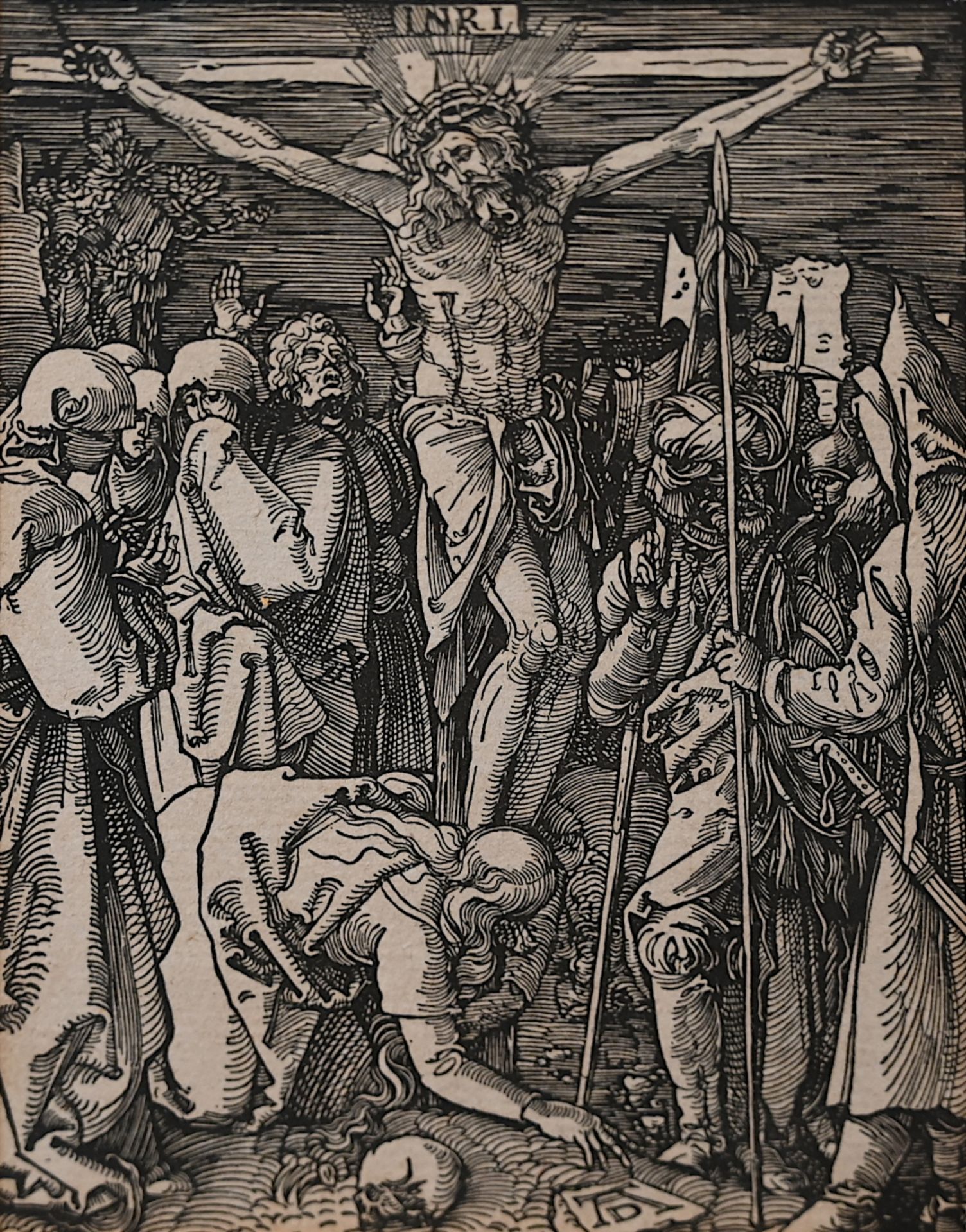 1 Holzschnitt Mitte u. monogr. AD (wohl Albrecht DÜRER, Nürnberg 1471-1528) "Christus am Kreuz"