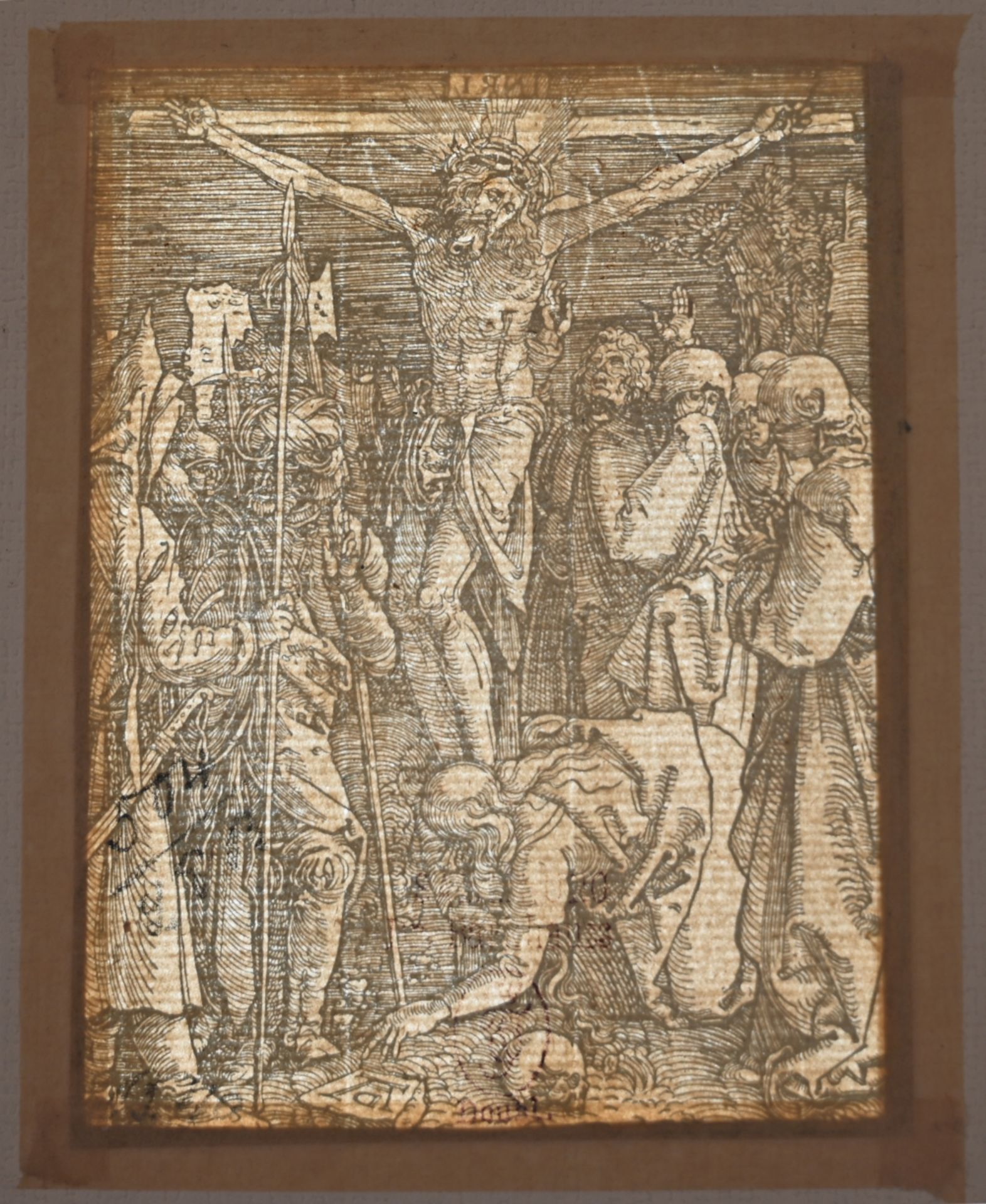 1 Holzschnitt Mitte u. monogr. AD (wohl Albrecht DÜRER, Nürnberg 1471-1528) "Christus am Kreuz" - Image 6 of 6