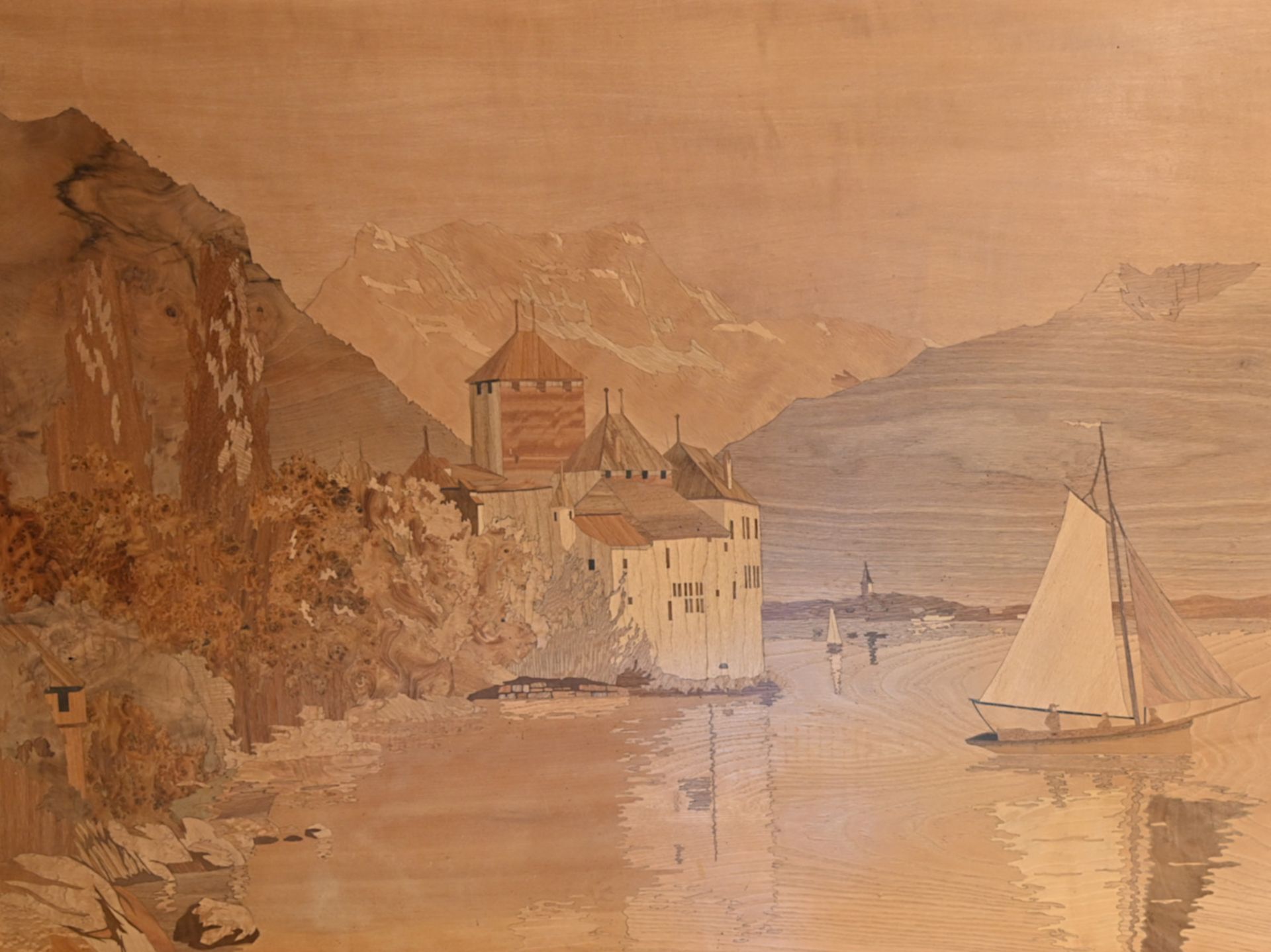 1 Intarsienbild unsign. (wohl Anfang 20. Jh.) "Schloss Chillon am Genfer See"