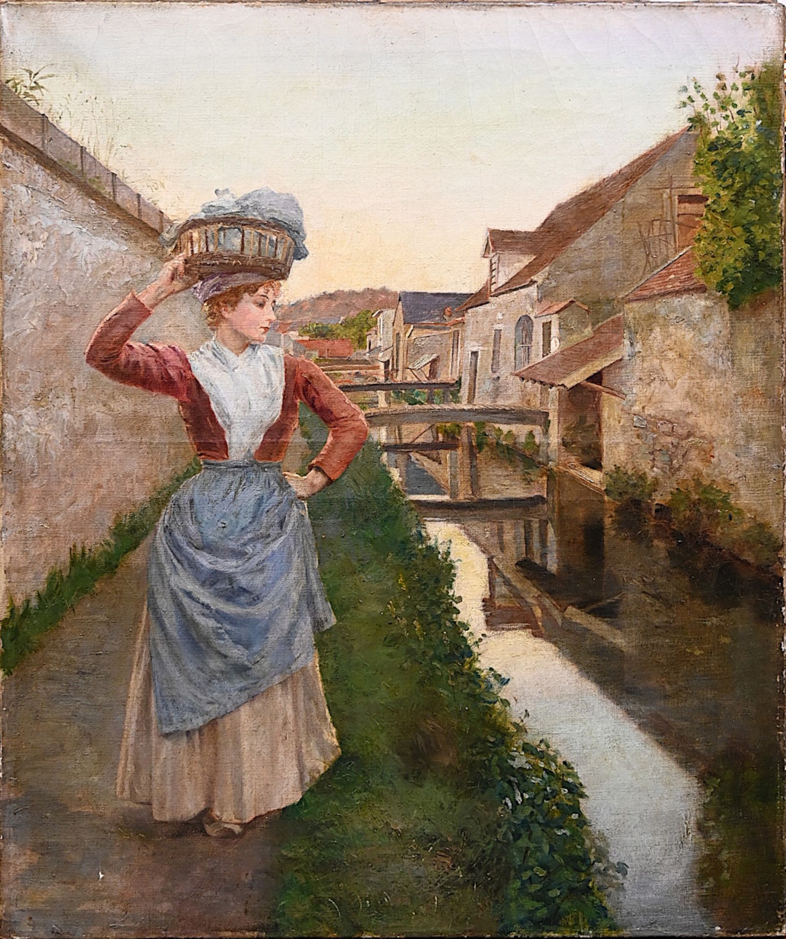 1 Ölgemälde unsign. (wohl Frankreich um 1900) "Wäscherin am Kanal"