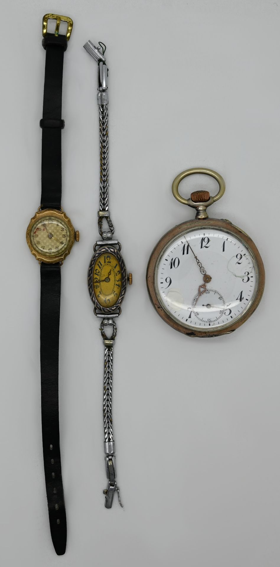 1 Damenarmbanduhr Gehäuse GG 14ct., 1 Taschenuhr sowie 1 Damenarmbanduhr je Silber - Bild 2 aus 2