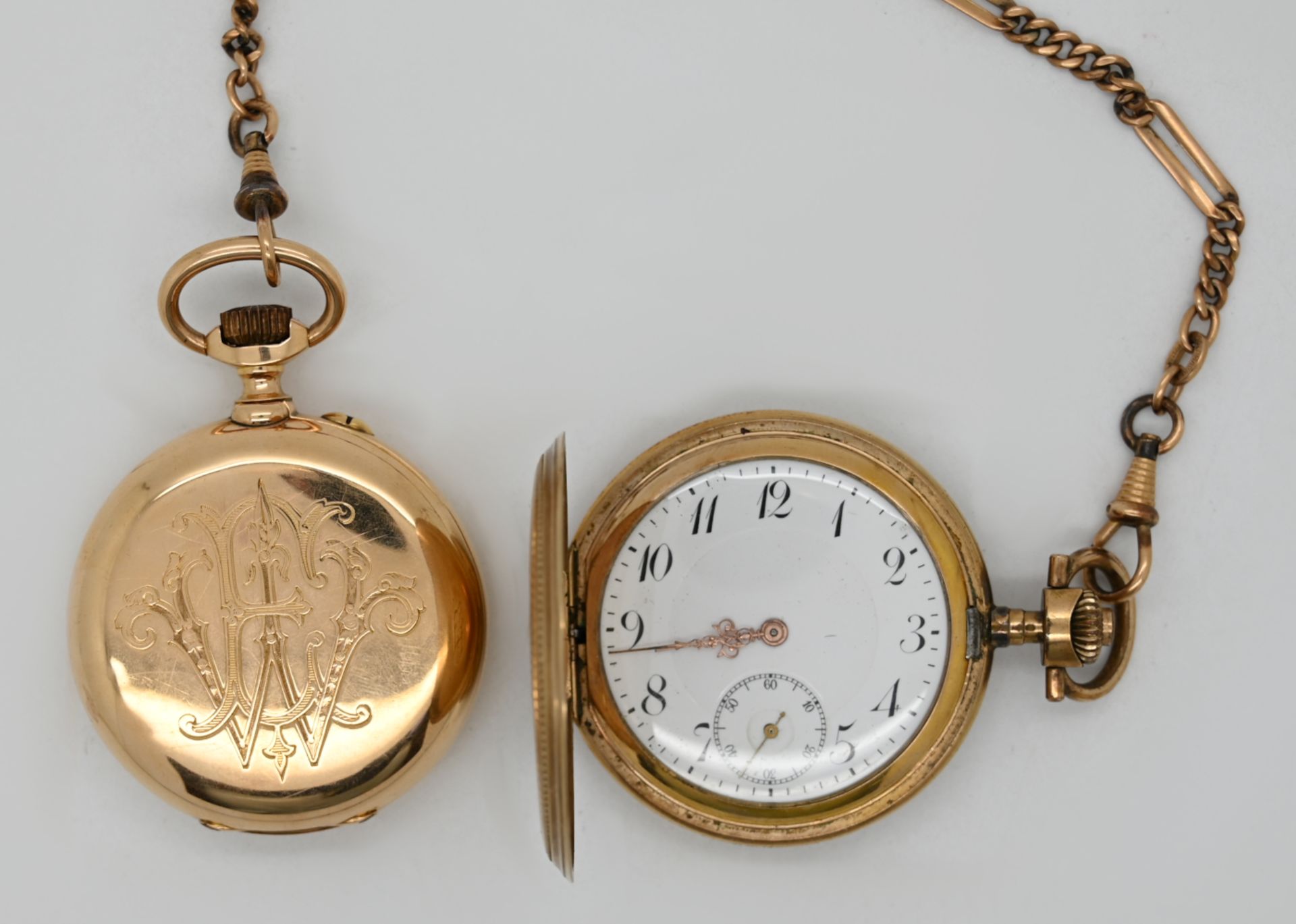 1 Taschenuhr ungest. wohl GG 14ct. Paris um 1900 sowie 1 Taschenuhr mit Uhrkette vergoldet jew. Asp. - Bild 2 aus 2