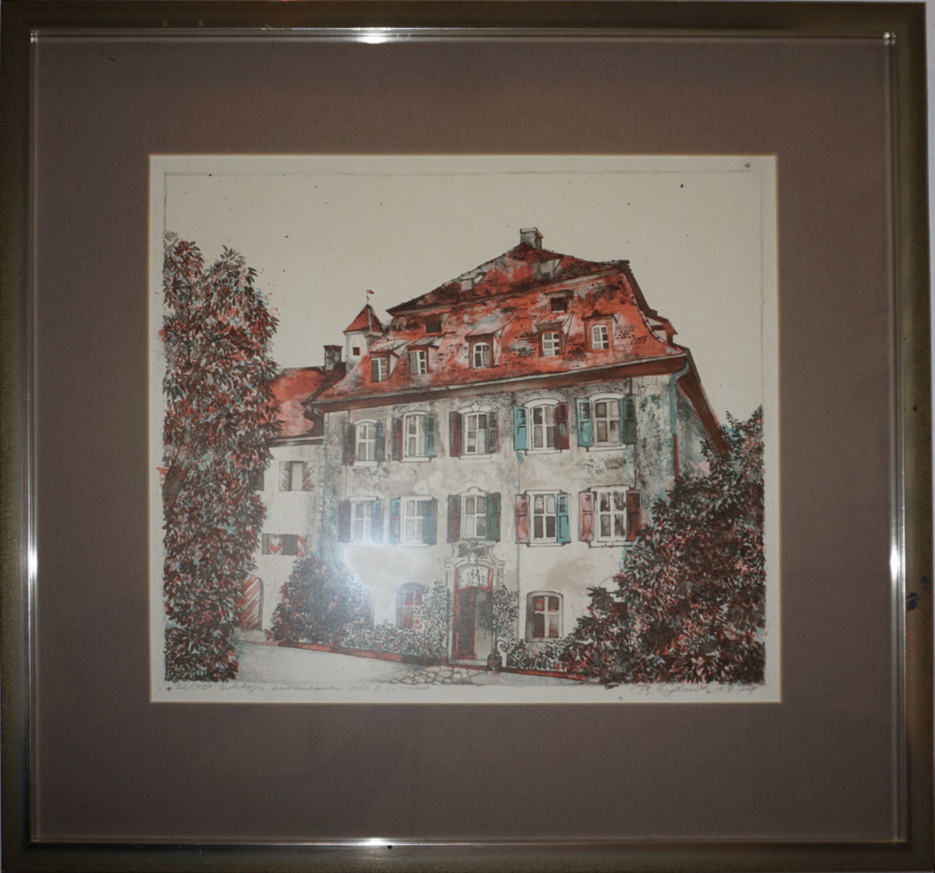 2 Lithographien "Schloss Hüttenbach", "Neujahrsgruß", sign. B. HEYDUCK (wohl Brigitta H. *1936), - Bild 2 aus 3