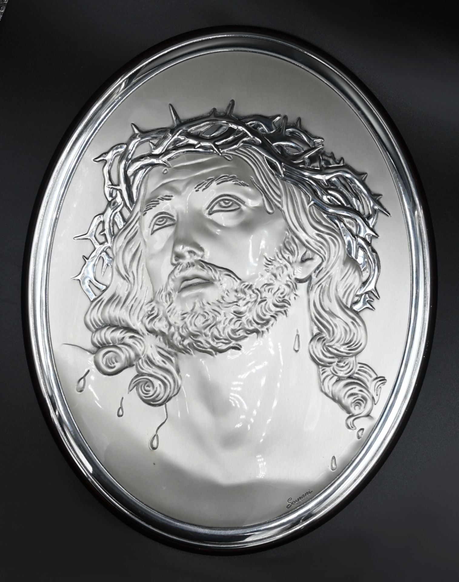 1 Bild mit Silberauflage r.u. sign./rücks. bez. SOVRANI, gemarkt Silber 925, wohl Italien "Christus